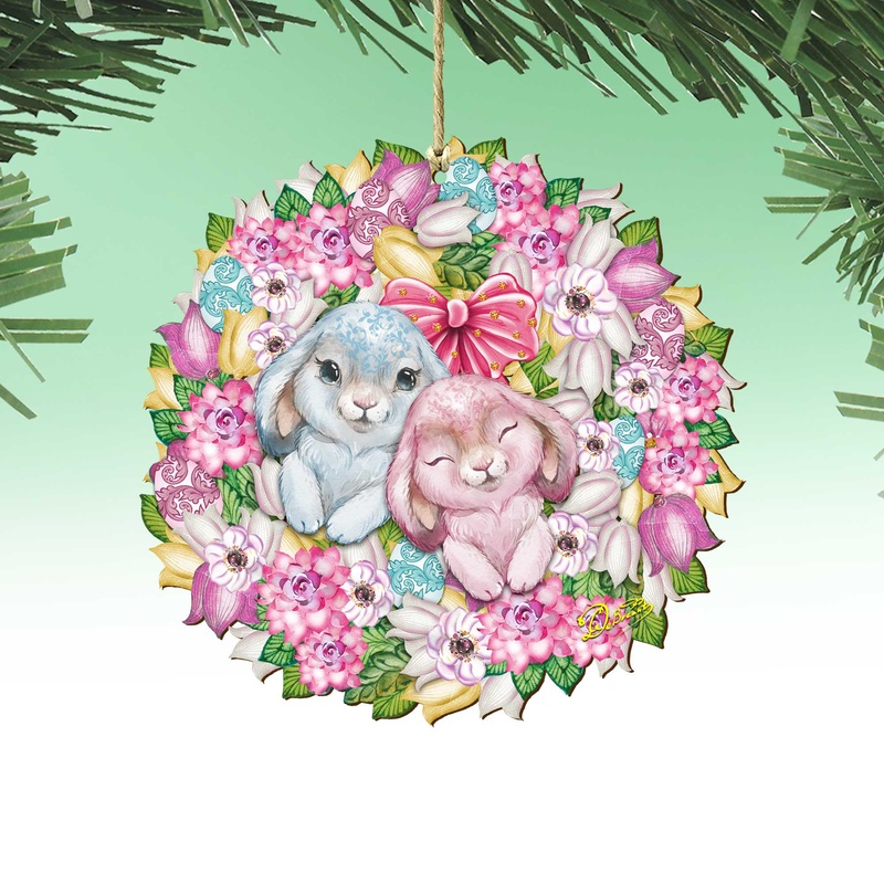 Bunny Love Wreath Wooden Ornaments by  – Easter Spring Decor – 8185301-4