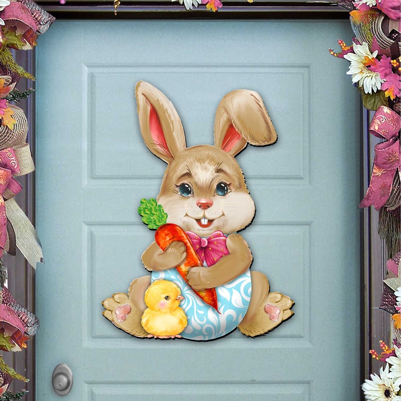 Bunny with Chick Wooden Door Hanger by G. DeBrekht – Easter Spring Decor – 815432-1H