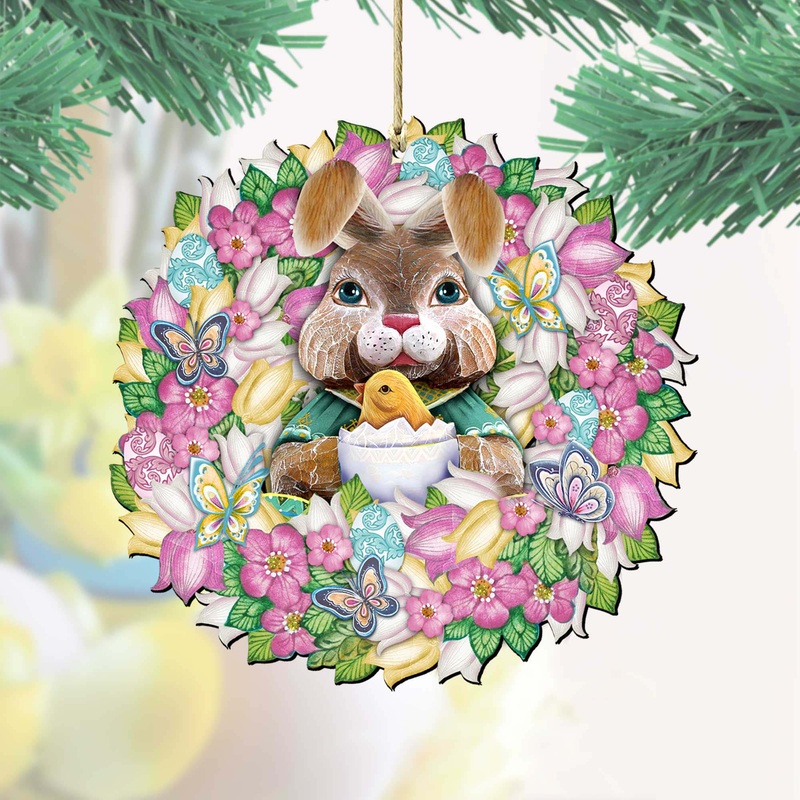 Bunny Wreath Wooden Ornaments Easter by G. DeBrekht – Easter Spring Decor – 8185301-2