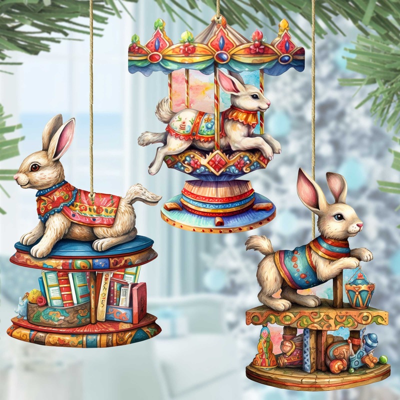 Carousel Bunnies Wooden Ornaments Set of 3 by G. Debrekht – Christmas Decor – 8100195S3