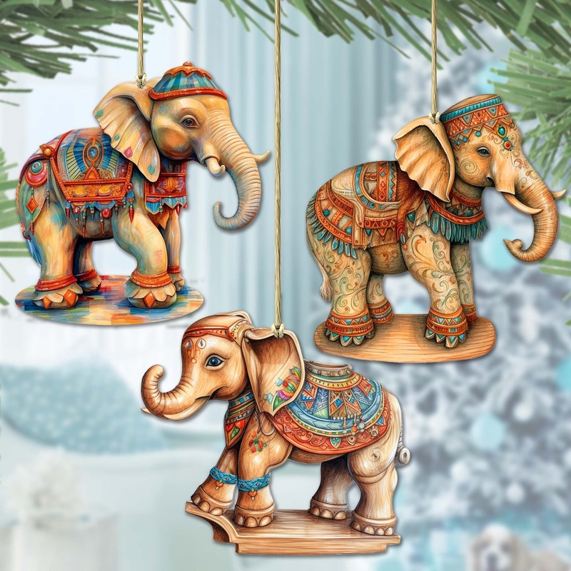 Carousel Elephants Wooden Ornaments Set of 3 by G. Debrekht – Christmas Decor – 8100192S3
