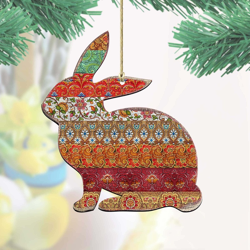 Country Quilted Bunny Wooden Ornaments by G. DeBrekht – Easter Spring Decor – 8198134
