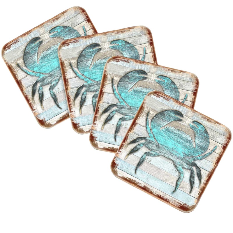 Crab Coastal Wooden Cork Coasters Gift Set of 4 by Nature Wonders – Coastal Sea-Life Decor – 8198511-9C-S4