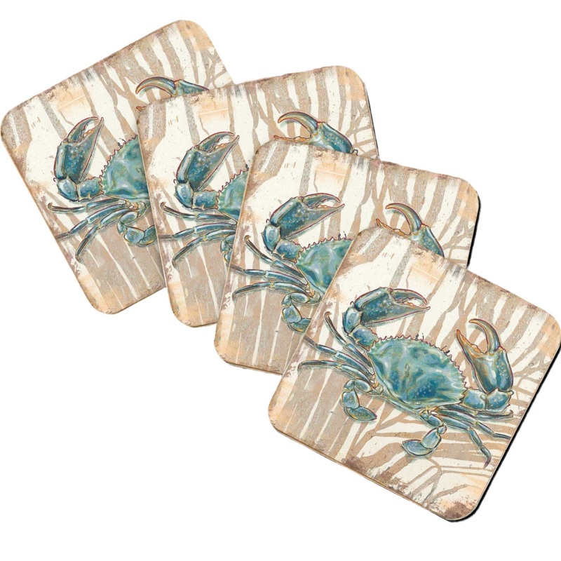 Crab  Wooden Cork Coastal Coasters Gift Set of 4 by Nature Wonders – 95224-2C-S4