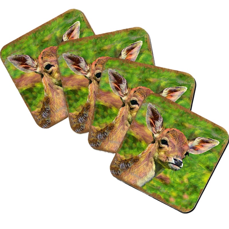 Deer Face Wooden Cork Coasters Gift Set of 4 by Nature Wonders – Nature Wildlife Decor  – 95288C-S4