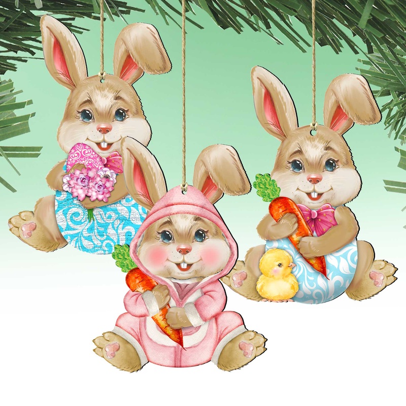 Easter Baby Bunny Wooden Ornaments Set of 3 by G. DeBrekht – Easter Spring Decor – 815432S3