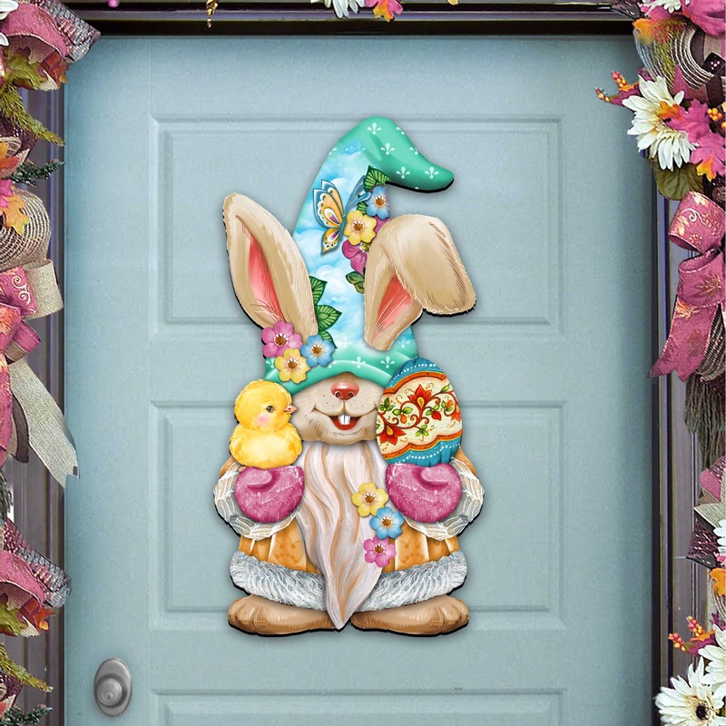 Easter Egg Bunny Gnome with Chick Wooden Door Hanger Wall by G. DeBrekht – Easter Spring Decor – 8611017H