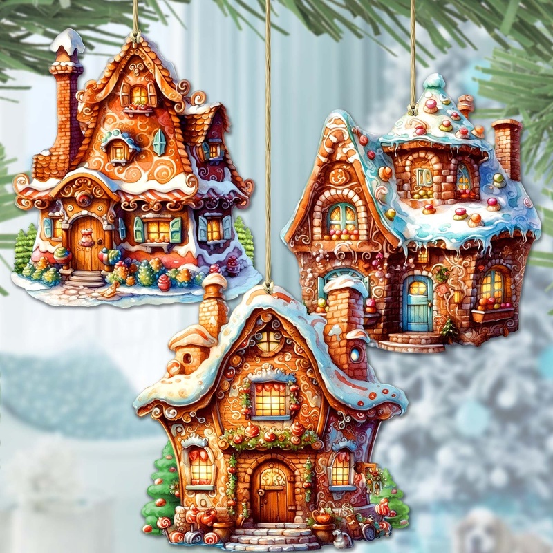 Fairy Tale Houses Wooden Ornaments Set of 3 by G. Debrekht – Christmas Decor – 8100191S3
