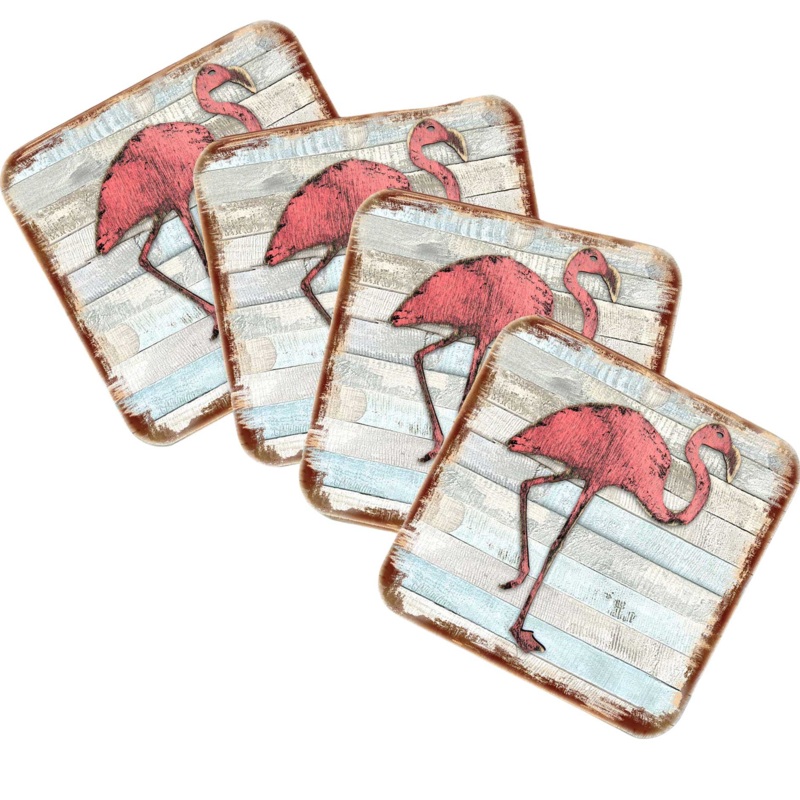Flamingo Coastal Wooden Cork Coasters Gift Set of 4 by Nature Wonders – Coastal Sea-Life Decor – 8198544-9C-S4