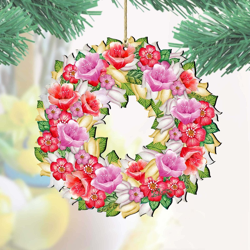 Flowers Summer Wreath Wooden Ornaments by G. DeBrekht – Easter Spring Decor – 8185303-2