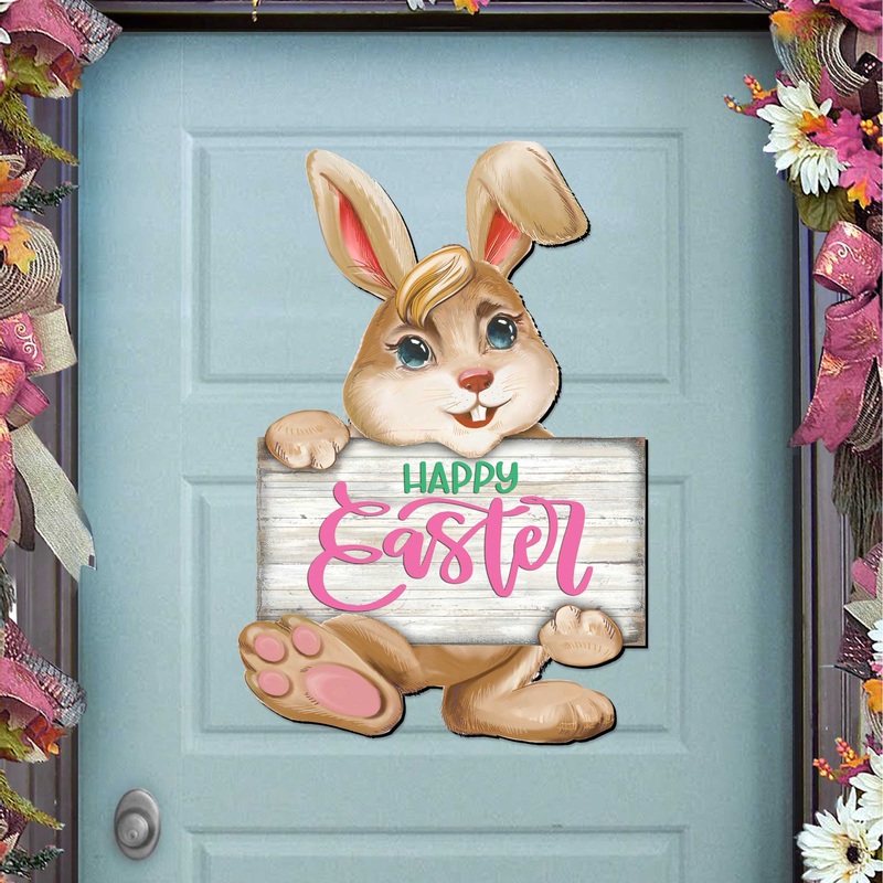 Happy Easter Bunny Wooden Door Hanger by G. DeBrekht – Easter Spring Decor – 815433-1H