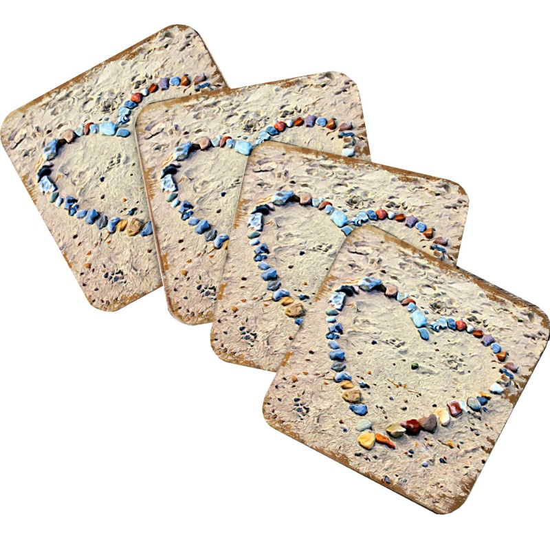 Heart Beach Art Coastal Wooden Cork Coasters Gift Set of 4 by Nature Wonders – Coastal Sea-Life Decor – 95254C-S4