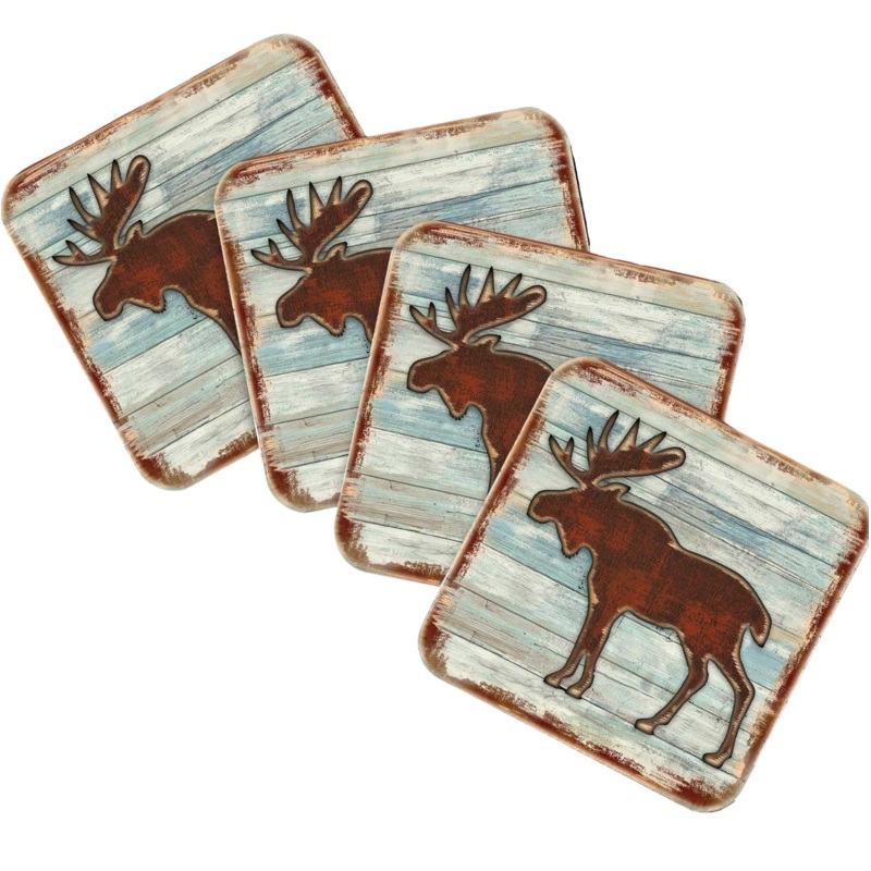 Moose Wooden Cork Coasters Gift Set of 4 by Nature Wonders – Nature Wildlife Decor  – 8198222-9C-S4