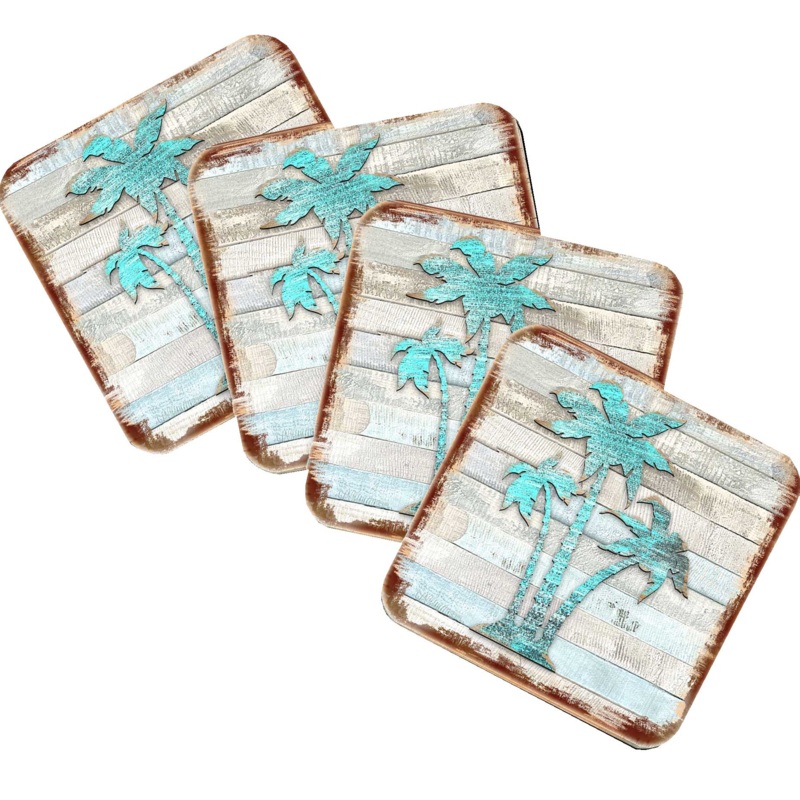 Palm Trees Coastal Wooden Cork Coasters Gift Set of 4 by Nature Wonders – Coastal Sea-Life Decor – 8198415-9C-S4