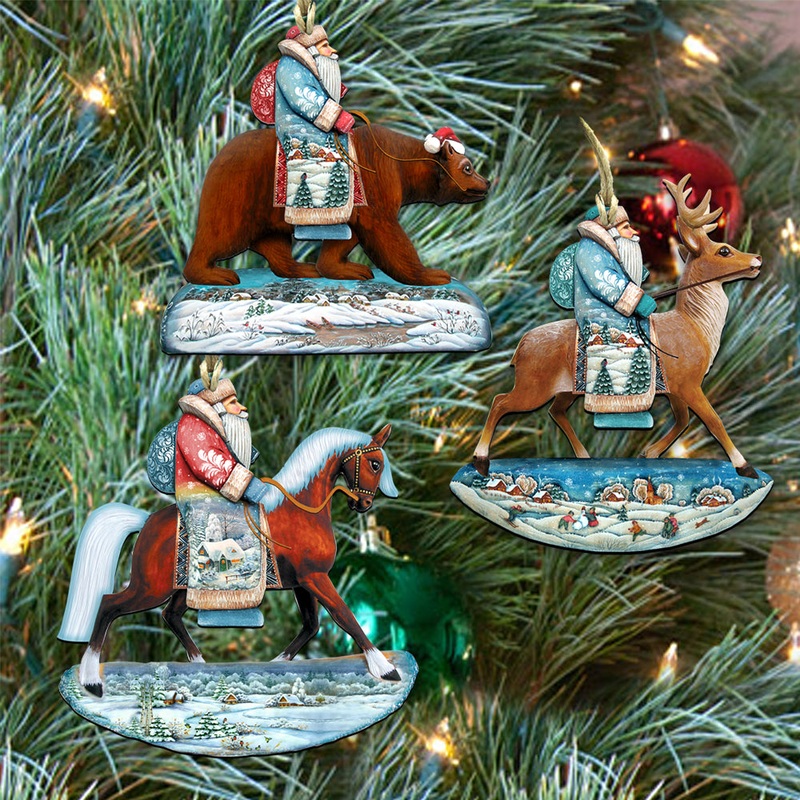 Riding Santa Wooden Ornaments Set of 3 by G. DeBrekht – Christmas Santa Snowman Decor – 8100016S3