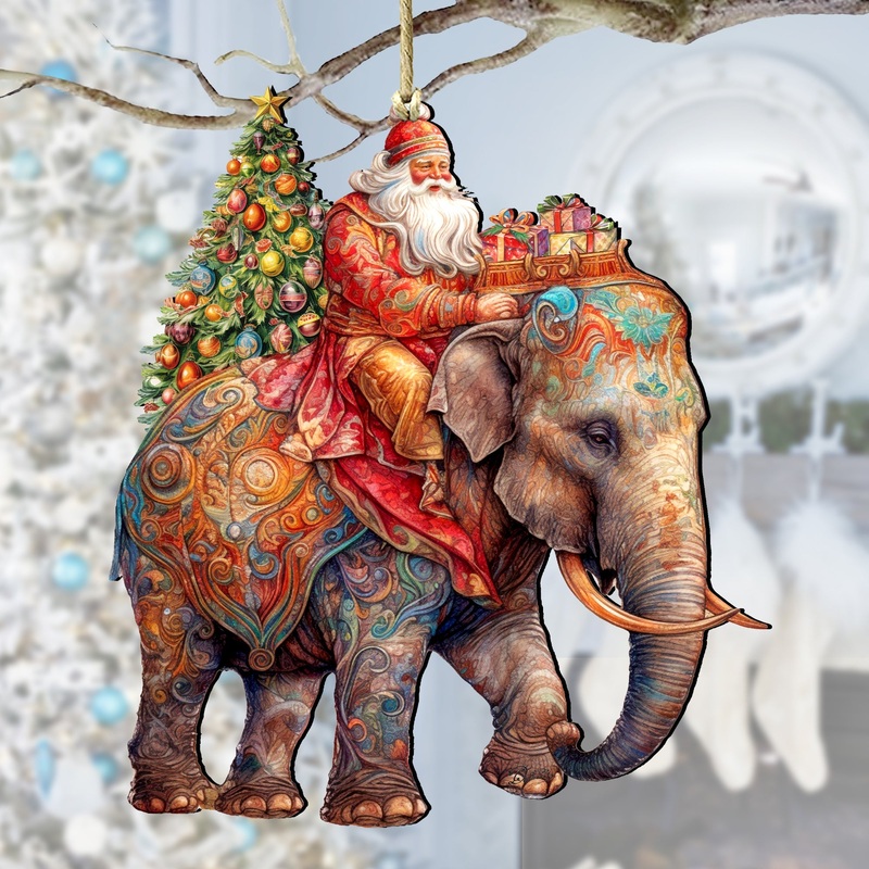 Santa on Elephant Wooden Ornaments by G. Debrekht Christmas Santa Snowman Decor – 8611043-2