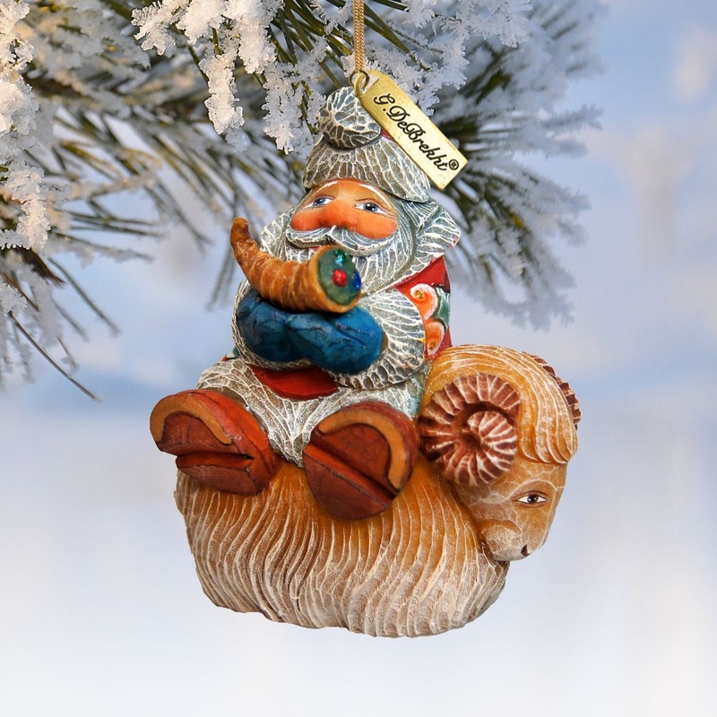 Santa On Ram Sculpted Hand-Painted Christmas Ornament by G. DeBrekht – Christmas Santa Snowman Dcor – 63145