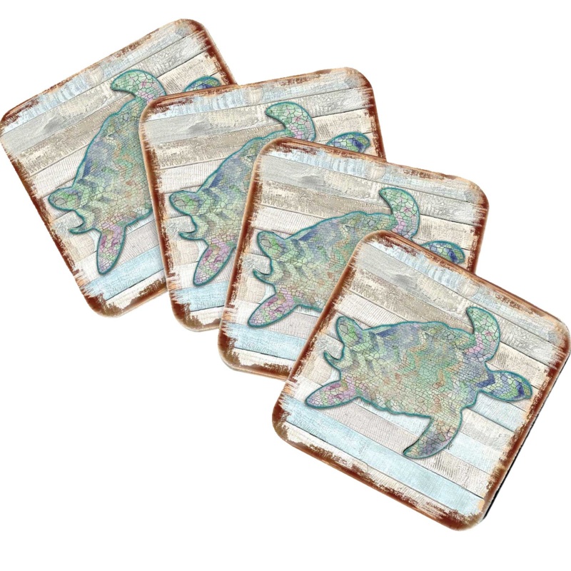 Sea Turtle Coastal Wooden Cork Coasters Gift Set of 4 by Nature Wonders – Coastal Sea-Life Decor – 8198518-9C-S4