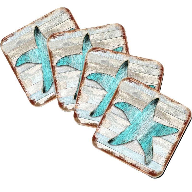 Starfish  Wooden Cork Coasters Gift Set of 4 by Nature Wonders –  Coastal Sea-Life Decor – 8198531-9C-S4