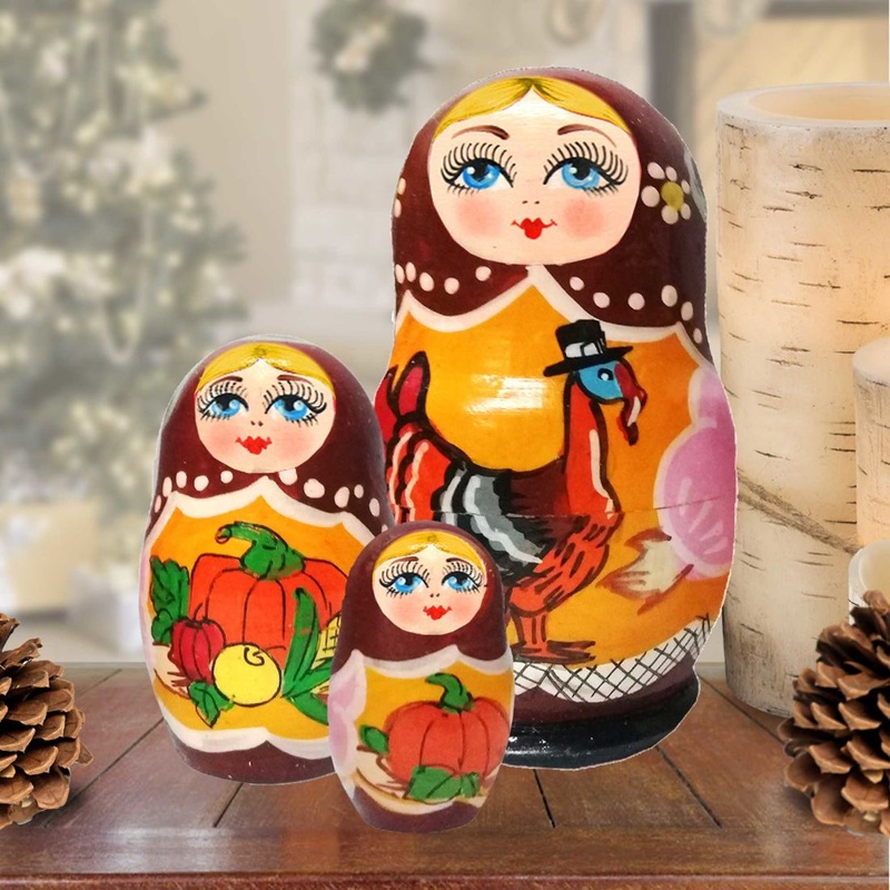 Thanksgiving Matreshka Nesting Hand-Painted Doll Set of 3 by G. DeBrekht – Thanksgiving Halloween Decor – 14718