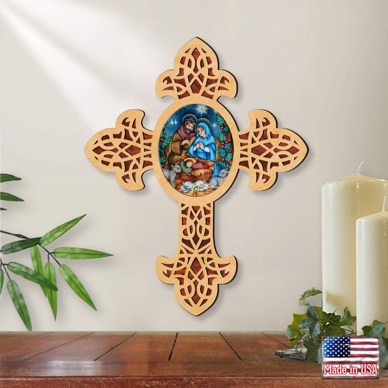 Village Nativity Pointy Wooden Cross by Museum Icons – Inspirational Icon Decor – 88389