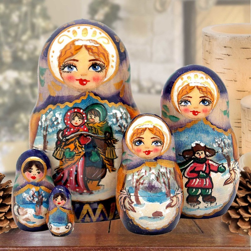 Winter Play Matreshka Nesting Hand-Painted Dolls Set of 5 by G. DeBrekht – Christmas Decor – 140075