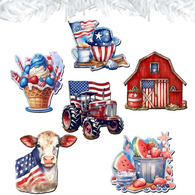 American Farmhouse Decorative Wooden Clip-on Ornaments of 6 by G. Debrekht – Patriotic Decor – 8090001C-S6