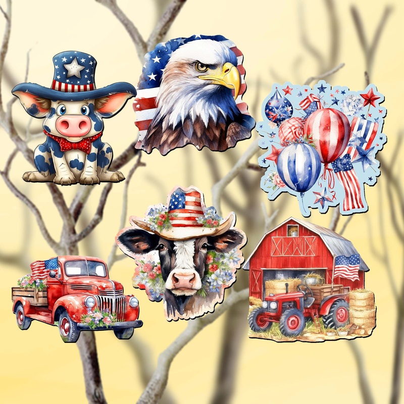 American flag Decorative Wooden Clip-on Ornaments of 6 by G. Debrekht – Patriotic Decor – 8090002C-S6