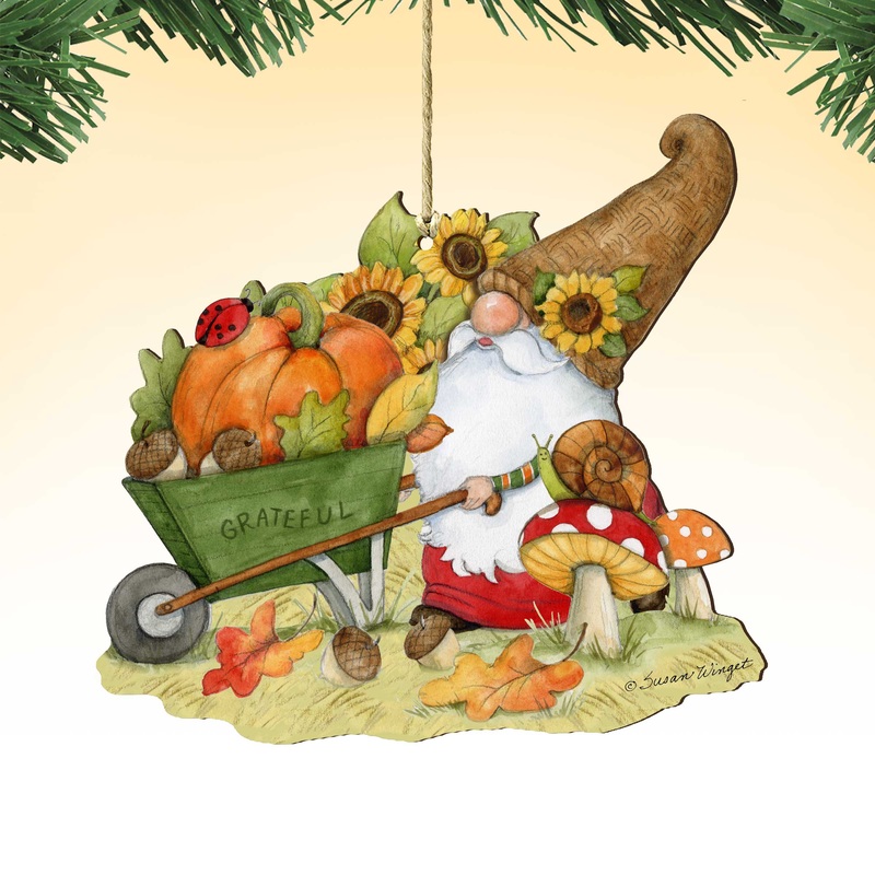 Autumn Decoration Grateful Harvest Gnome with Wheelbarrow and Cornucopia – Handmade Gift by Susan Winget – 8471207-SW