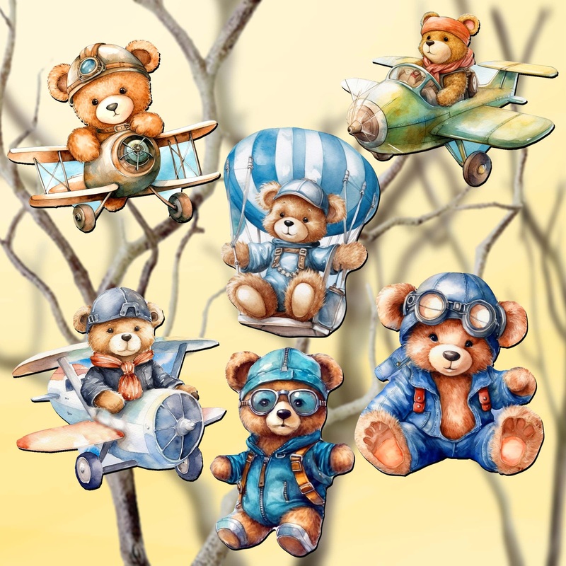 Aviator Teddy Bear Decorative Wooden Clip-on Ornaments of 6 by G. Debrekht – Christmas Decor – 8090010C-S6