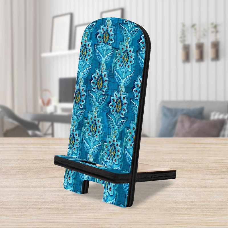 Blue Ornamental Flower Decor Cell Phone Stand Wood Mobile Tablet Holder Charging Station Organizer – 892035