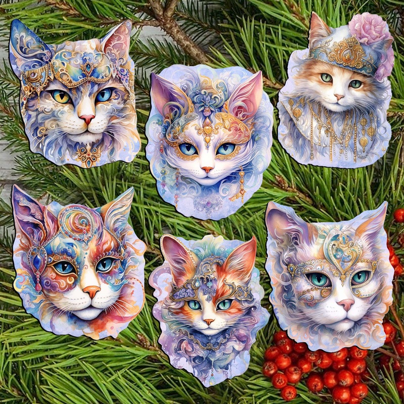 Cats Masks Decorative Wooden Clip-on Ornaments Set of 6 by G. Debrekht – Christmas Decor – 8090033C-S6