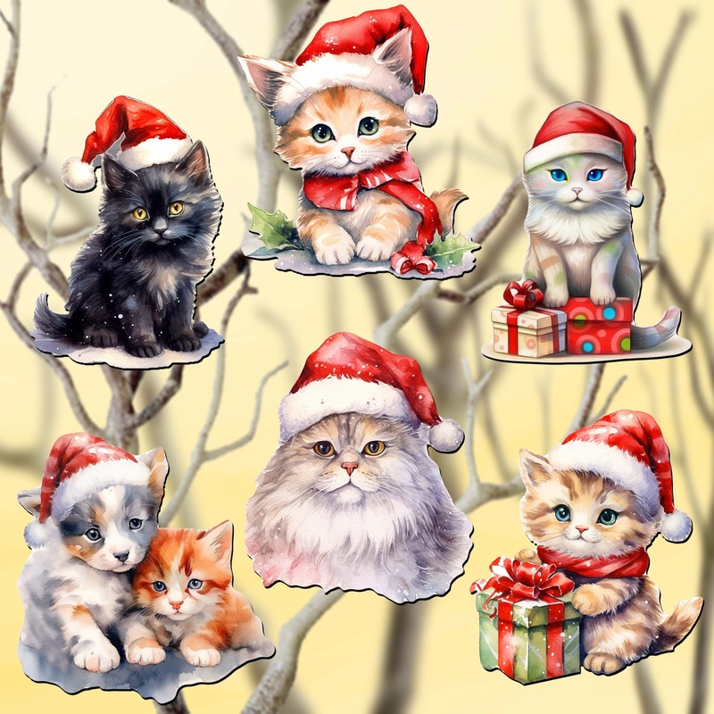 Christmas Cats Decorative Wooden Clip-on Ornaments of 6 by G. Debrekht – Christmas Decor – 8090016C-S6