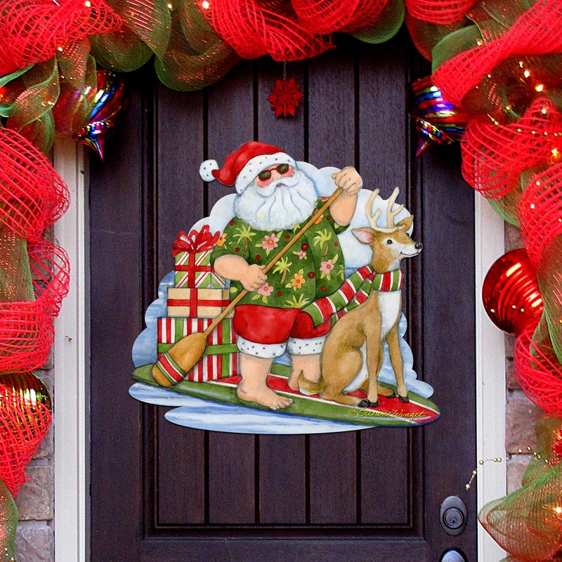 Christmas Decoration Door Hanging Paddleboarding Santa – Santa Door Hanger by Susan Winget Handmade Gift – 8471114H-SW