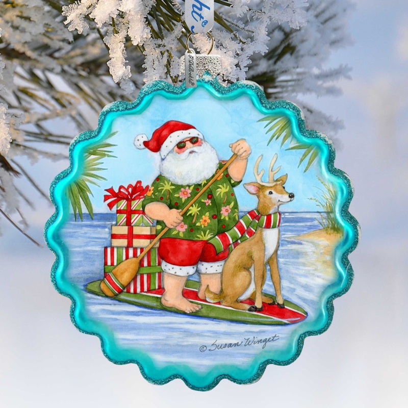 Christmas Decoration – Handblown Glass – Paddle Boarding Santa – Christmas Tree Ornament by Susan Winget – Handmade Gift – Wooden Ornament – 759-115-SW