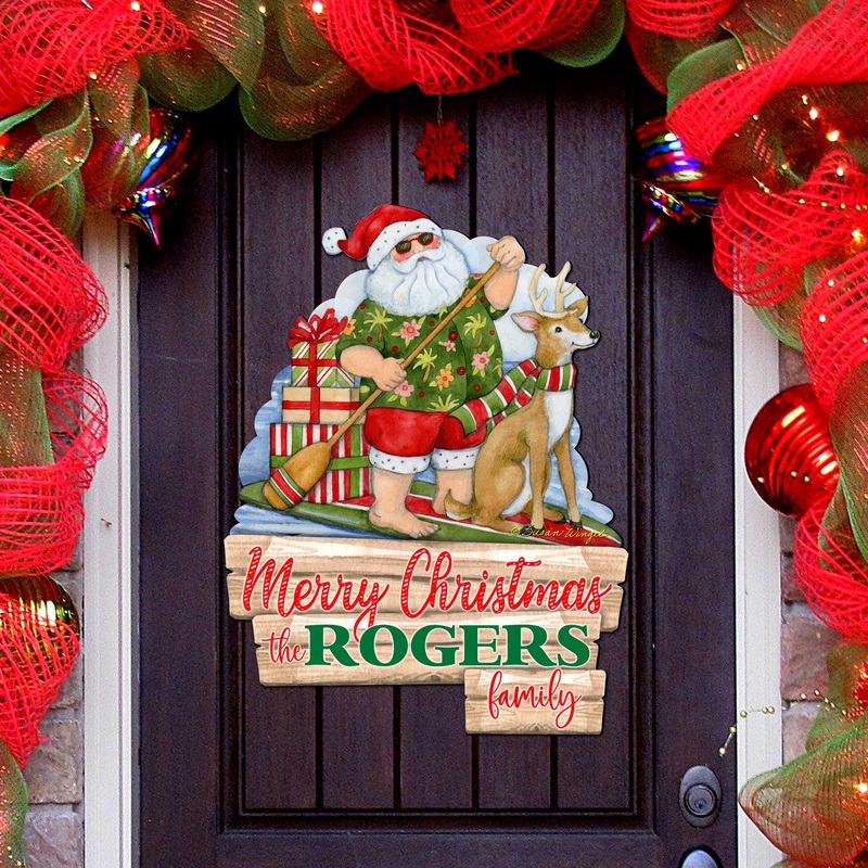 Christmas Decoration Personalized Holiday Welcome Sign with Last Name Santa Door Hanger by Susan Winget – Handmade Gift – 8471114HC-SW