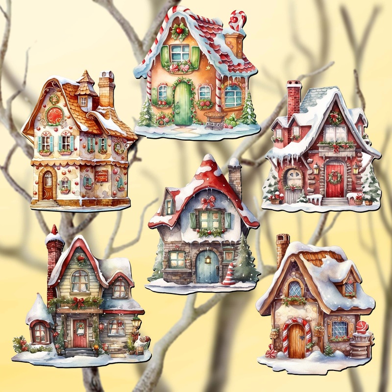 Christmas Houses Decorative Wooden Clip-on Ornaments Set of 6 by G. Debrekht – Christmas Decor – 8090024C-S6