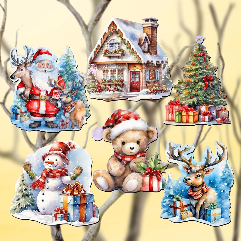 Christmas Is Here Decorative Wooden Clip-on Ornaments Set of 6 by G. Debrekht – Christmas Decor – 8090028C-S6