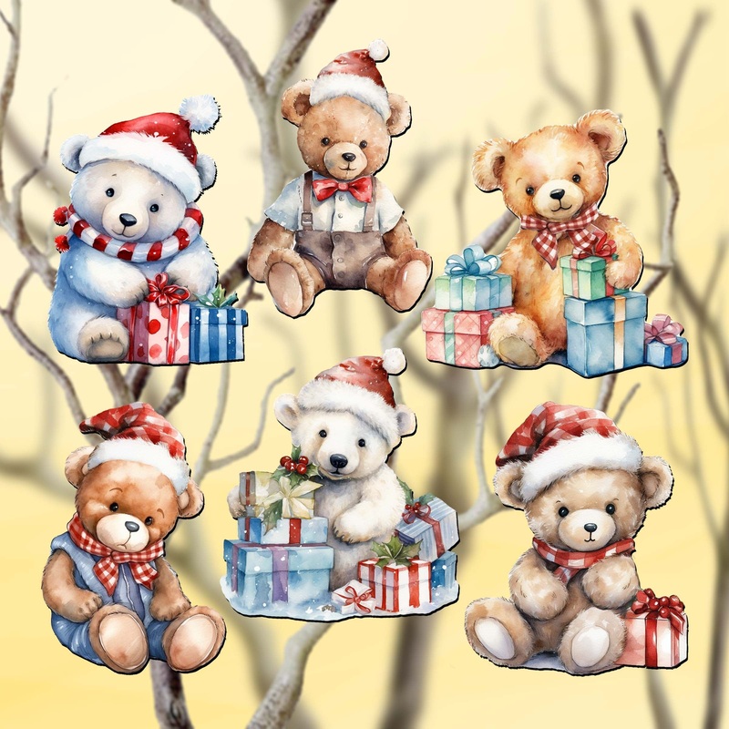 Christmas Teddy Bear Decorative Wooden Clip-on Ornaments of 6 by G. Debrekht – Christmas Decor – 8090011C-S6