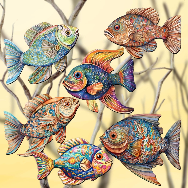 Coastal Fish Decorative Wooden Clip-on Ornaments Set of 6 by G. Debrekht – Coastal Decor – 8090034C-S6