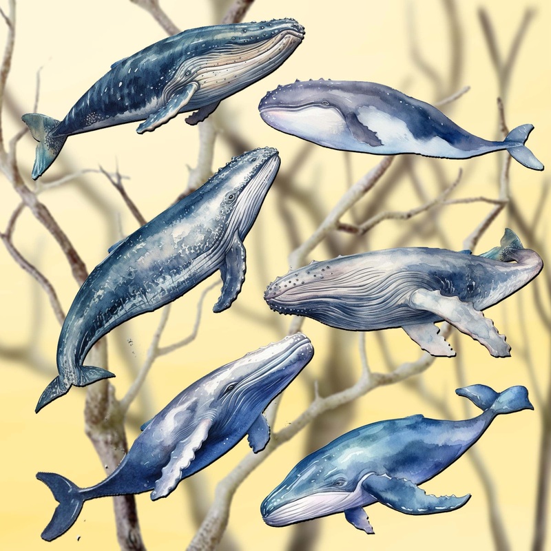 Coastal Giants Humpback Whales Decorative Wooden Clip-on Ornaments Set of 6 by G. Debrekht – Wildlife Decor – 8090103C-S6