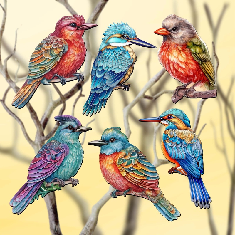 Colorful Birds Decorative Wooden Clip-on Ornaments of 6 by G. Debrekht – Christmas Decor – 8090003C-S6