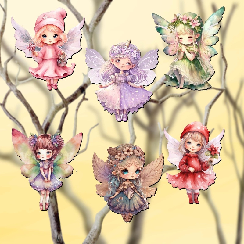 Colorful Fairies Decorative Wooden Clip-on Ornaments of 6 by G. Debrekht – Christmas Decor – 8090006C-S6