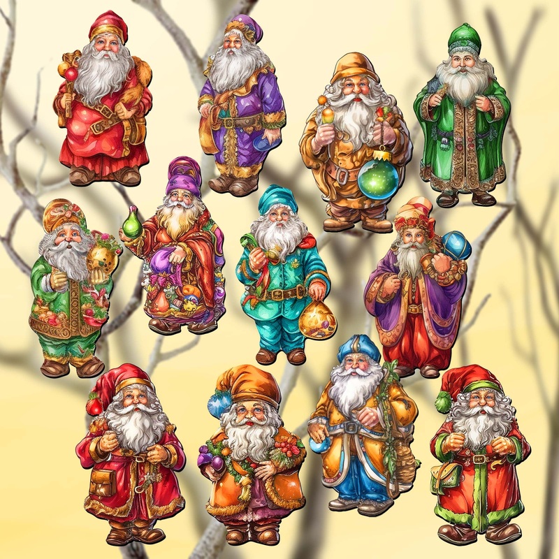 Colorful Santa Decorative Wooden Clip-on Ornaments Set of 12 by G. Debrekht – Christmas Decor – 8090050C-S12