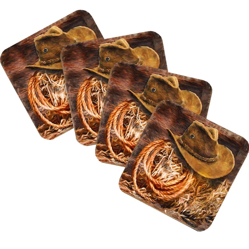Cowboy Hat Wooden Cork Coasters Gift Set of 4 by Nature Wonders – Nature Wildlife Decor  – 95233C-S4