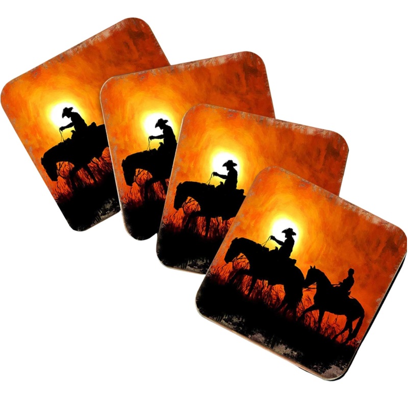 Cowboy Sunset Ride Wooden Cork Coasters Gift Set of 4 by Nature Wonders – Nature Wildlife Decor  – 95230C-S4