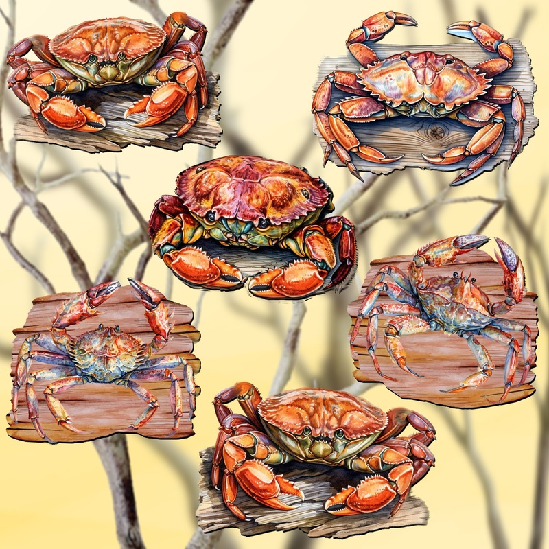 Crabs of the Wild Decorative Wooden Clip-on Ornaments Set of 6 by G. Debrekht – Wildlife Decor – 8090121C-S6