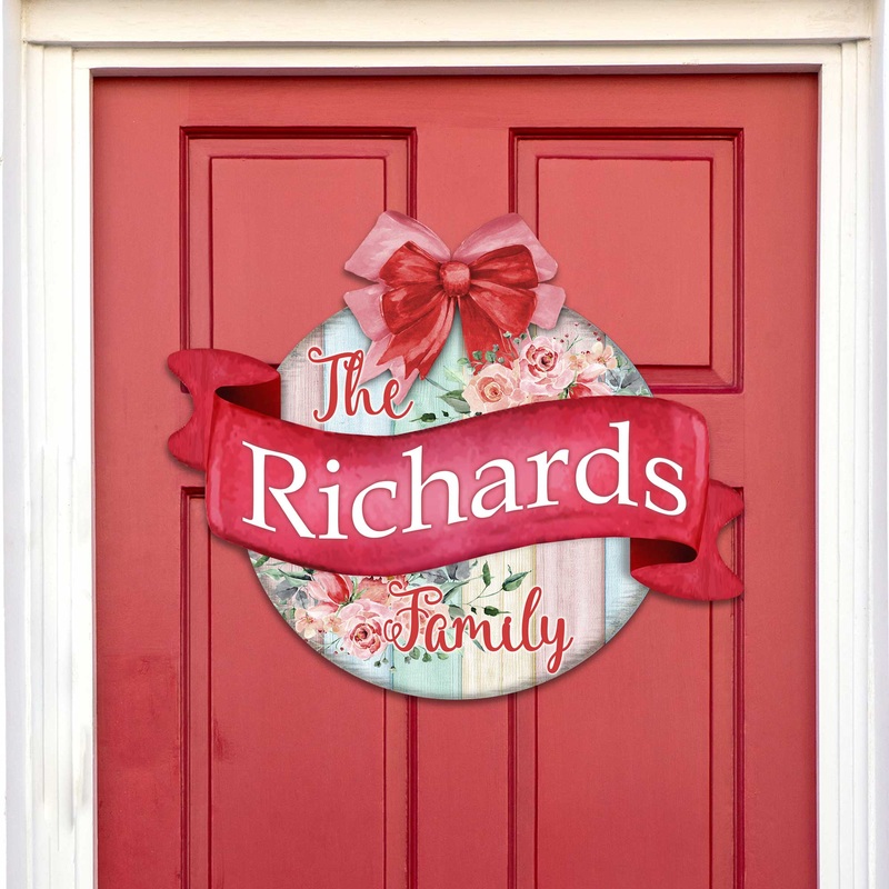 Custom front door sign Name floral porch wreath Main entrance custom Welcome sign – Wooden front porch decor – 933101HC
