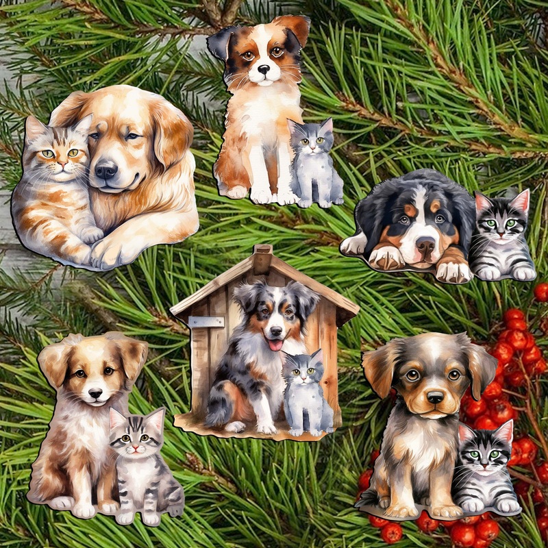 Dogs Decorative Wooden Clip-on Ornaments of 6 by G. Debrekht – Christmas Decor – 8090017C-S6