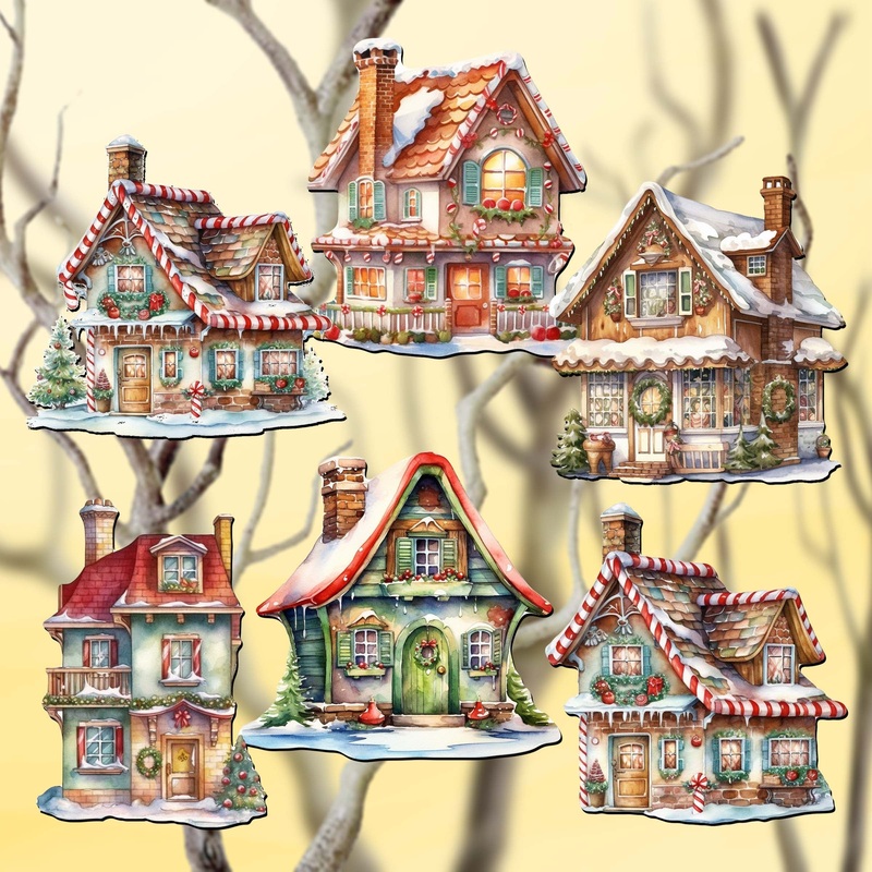 Dream Houses Decorative Wooden Clip-on Ornaments Set of 6 by G. Debrekht – Christmas Decor – 8090029C-S6